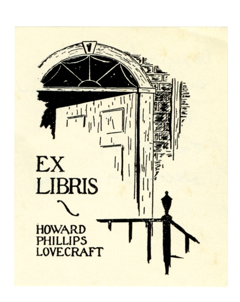 Bookplate of H. P. Lovecraft. A partial sketch of an open door and railing with the text Ex Libris Howard Phillips Lovecraft.