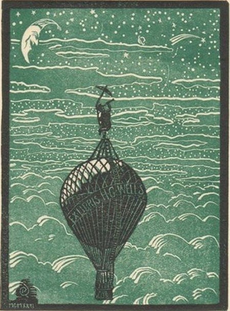 Bookplate of H. G. Wells. Depecits a main sitting on the top of a hot air balloon looking at the stars.