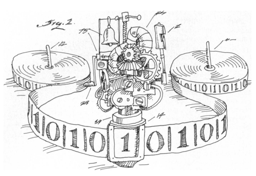 Illustration of a Turing machine containing two tape reels and a machine. Contains a spool of tape with ones and zeros on it stretched out, going through a machine reading it, and into another spool.